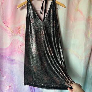 Free People Intimately L Black Silver Chrome Floral Sequin Mini Dress Romantic